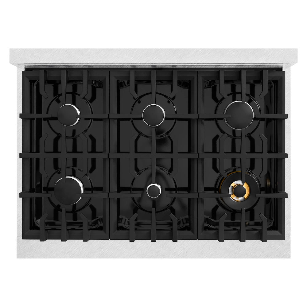 ZLINE 36 in. 5.2 cu. ft. Classic Dual Fuel Range with 6 Burner Gas Cooktop and Electric Convection Oven in Satin Stainless Steel with Black Matte Door (CDRS-BLM-36) top-down, above cooktop.
