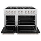 ZLINE 48 in. 6.7 cu. ft. Classic Double Oven Dual Fuel Range with 8 Burner Gas Cooktop in Satin Stainless Steel with Black Matte Doors (CDRS-BLM-48) front, oven open.