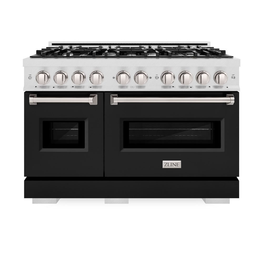 ZLINE 48 in. 6.7 cu. ft. Classic Double Oven Dual Fuel Range with 8 Burner Gas Cooktop in Satin Stainless Steel with Black Matte Doors (CDRS-BLM-48) front.