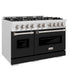 ZLINE 48 in. 6.7 cu. ft. Classic Double Oven Dual Fuel Range with 8 Burner Gas Cooktop in Satin Stainless Steel with Black Matte Doors (CDRS-BLM-48) side.
