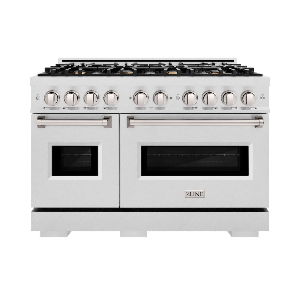 ZLINE 48 in. 6.7 cu. ft. Classic Double Oven Dual Fuel Range in Satin Stainless Steel with 8 Brass Burners (CDRS-BR-48) front.
