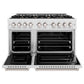 ZLINE 48 in. 6.7 cu. ft. Classic Double Oven Dual Fuel Range in Satin Stainless Steel with 8 Brass Burners (CDRS-BR-48) front, oven open.