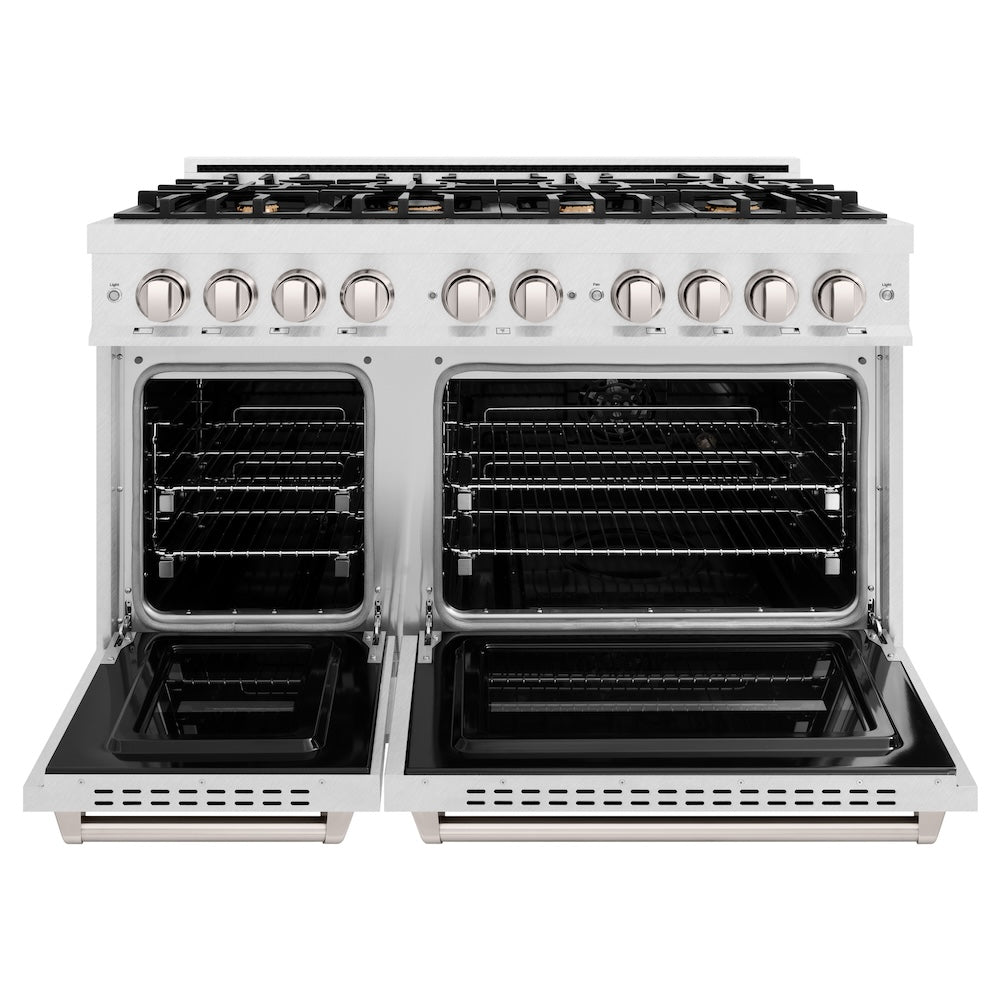 ZLINE 48 in. 6.7 cu. ft. Classic Double Oven Dual Fuel Range in Satin Stainless Steel with 8 Brass Burners (CDRS-BR-48) front, oven open.