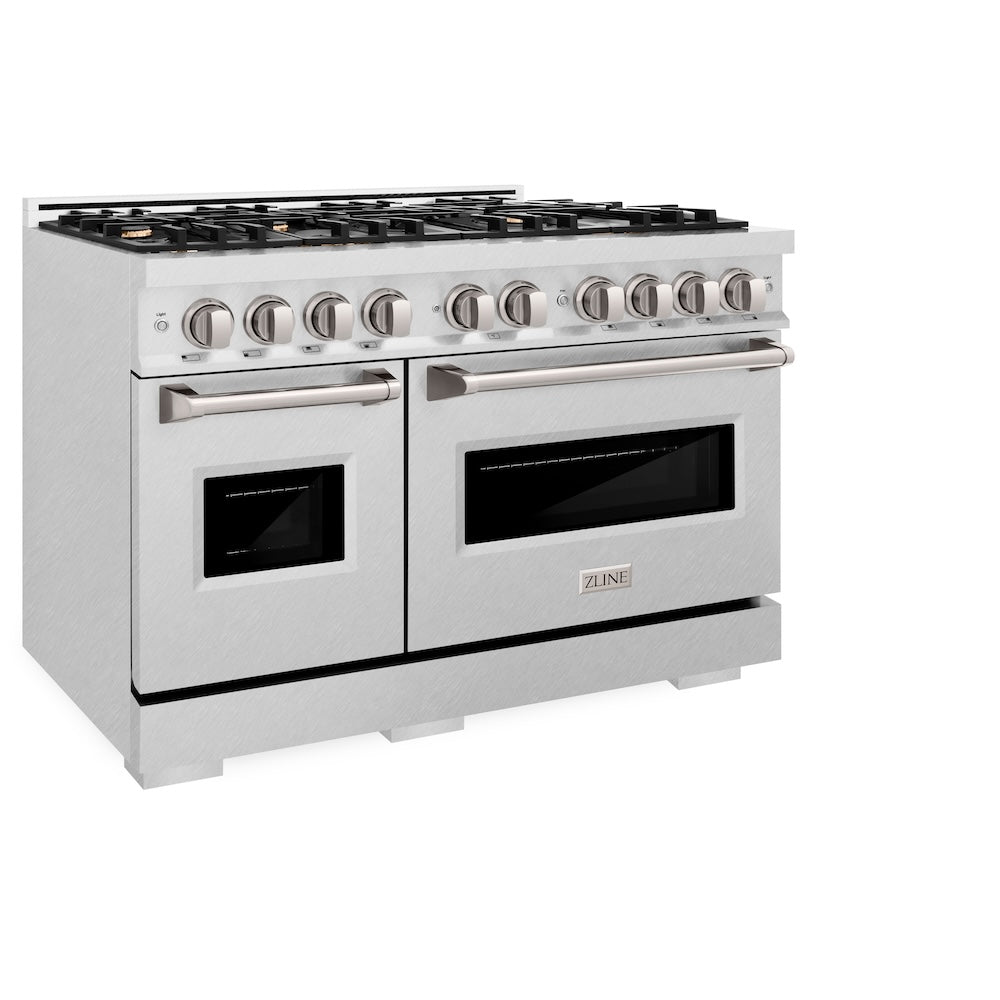 ZLINE 48 in. 6.7 cu. ft. Classic Double Oven Dual Fuel Range in Satin Stainless Steel with 8 Brass Burners (CDRS-BR-48) side.
