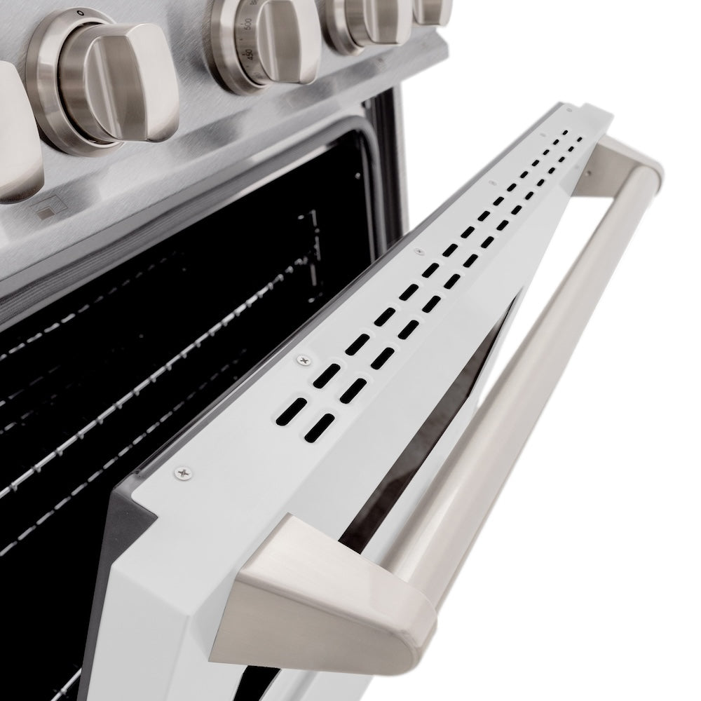 ZLINE 30 in. 4.2 cu. ft. Classic Dual Fuel Range with 4 Burner Gas Cooktop and Electric Convection Oven in Satin Stainless Steel with White Matte Door (CDRS-WM-30) close-up, oven slightly open, showing Satin Stainless Steel non-directional circular finish.