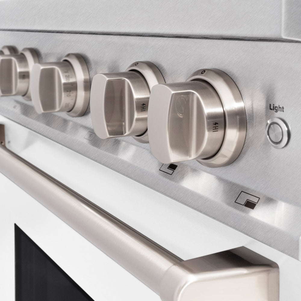 ZLINE 30 in. 4.2 cu. ft. Classic Dual Fuel Range with 4 Burner Gas Cooktop and Electric Convection Oven in Satin Stainless Steel with White Matte Door (CDRS-WM-30) cooktop and oven knobs.