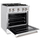 ZLINE 30 in. 4.2 cu. ft. Classic Dual Fuel Range with 4 Burner Gas Cooktop and Electric Convection Oven in Satin Stainless Steel with White Matte Door (CDRS-WM-30) side, open.