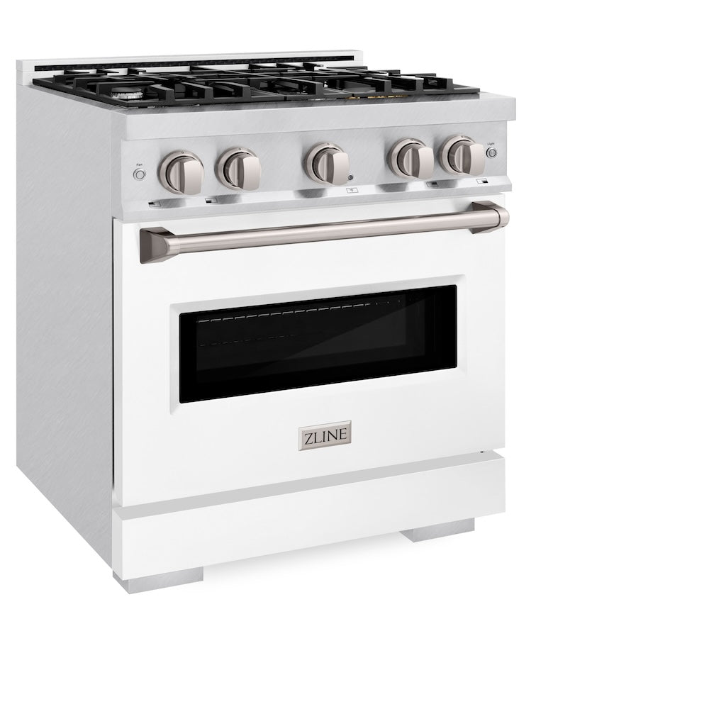 ZLINE 30 in. 4.2 cu. ft. Classic Dual Fuel Range with 4 Burner Gas Cooktop and Electric Convection Oven in Satin Stainless Steel with White Matte Door (CDRS-WM-30) side.