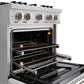 ZLINE 30 in. 4.2 cu. ft. Classic Dual Fuel Range with 4 Burner Gas Cooktop and Electric Convection Oven in Satin Stainless Steel with White Matte Door (CDRS-WM-30) close-up, open oven with racks extended, showing interior components.