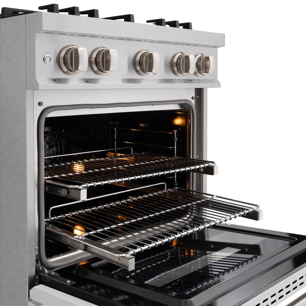 ZLINE 30 in. 4.2 cu. ft. Classic Dual Fuel Range with 4 Burner Gas Cooktop and Electric Convection Oven in Satin Stainless Steel with White Matte Door (CDRS-WM-30) close-up, open oven with racks extended, showing interior components.