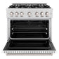 ZLINE 36 in. 5.2 cu. ft. Classic Dual Fuel Range with 6 Burner Gas Cooktop and Electric Convection Oven in Satin Stainless Steel with White Matte Door (CDRS-WM-36) front, oven open.
