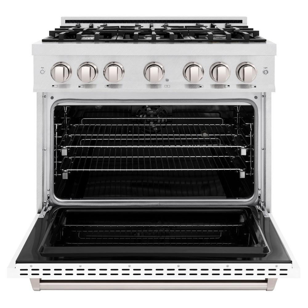 ZLINE 36 in. 5.2 cu. ft. Classic Dual Fuel Range with 6 Burner Gas Cooktop and Electric Convection Oven in Satin Stainless Steel with White Matte Door (CDRS-WM-36) front, oven open.