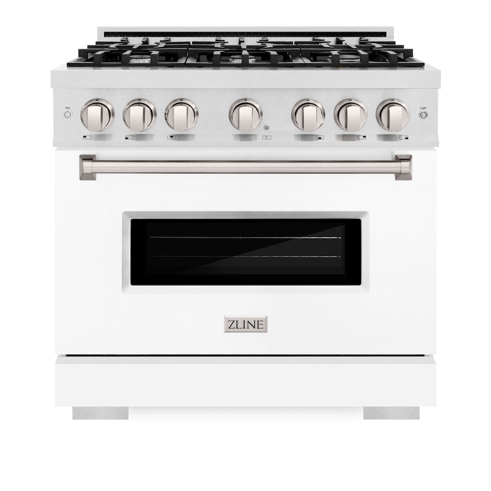 ZLINE 36 in. 5.2 cu. ft. Classic Dual Fuel Range with 6 Burner Gas Cooktop and Electric Convection Oven in Satin Stainless Steel with White Matte Door (CDRS-WM-36) front.