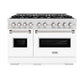 ZLINE 48 in. 6.7 cu. ft. Classic Double Oven Dual Fuel Range with 8 Burner Gas Cooktop in Satin Stainless Steel with White Matte Doors (CDRS-WM-48) front.