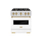 ZLINE Autograph Edition 30 in. 4.2 cu. ft. Classic Dual Fuel Range with 4 Burner Gas Cooktop and Electric Convection Oven in Satin Stainless Steel with White Matte Door and Champagne Bronze Accents (CDRSZ-WM-30-CB) front.