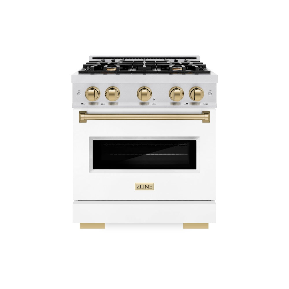 ZLINE Autograph Edition 30 in. 4.2 cu. ft. Classic Dual Fuel Range with 4 Burner Gas Cooktop and Electric Convection Oven in Satin Stainless Steel with White Matte Door and Champagne Bronze Accents (CDRSZ-WM-30-CB) front.