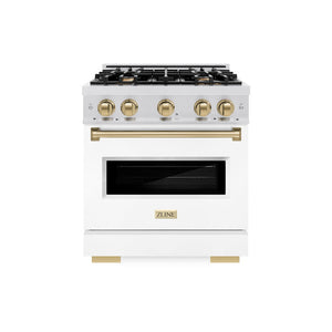 ZLINE Autograph Edition 30 in. 4.2 cu. ft. Classic Dual Fuel Range with 4 Burner Gas Cooktop and Electric Convection Oven in Satin Stainless Steel with White Matte Door and Champagne Bronze Accents (CDRSZ-WM-30-CB) front.