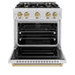 ZLINE Autograph Edition 30 in. 4.2 cu. ft. Classic Dual Fuel Range with 4 Burner Gas Cooktop and Electric Convection Oven in Satin Stainless Steel with Champagne Bronze Accents (CDRSZ-30-CB) front, oven open.