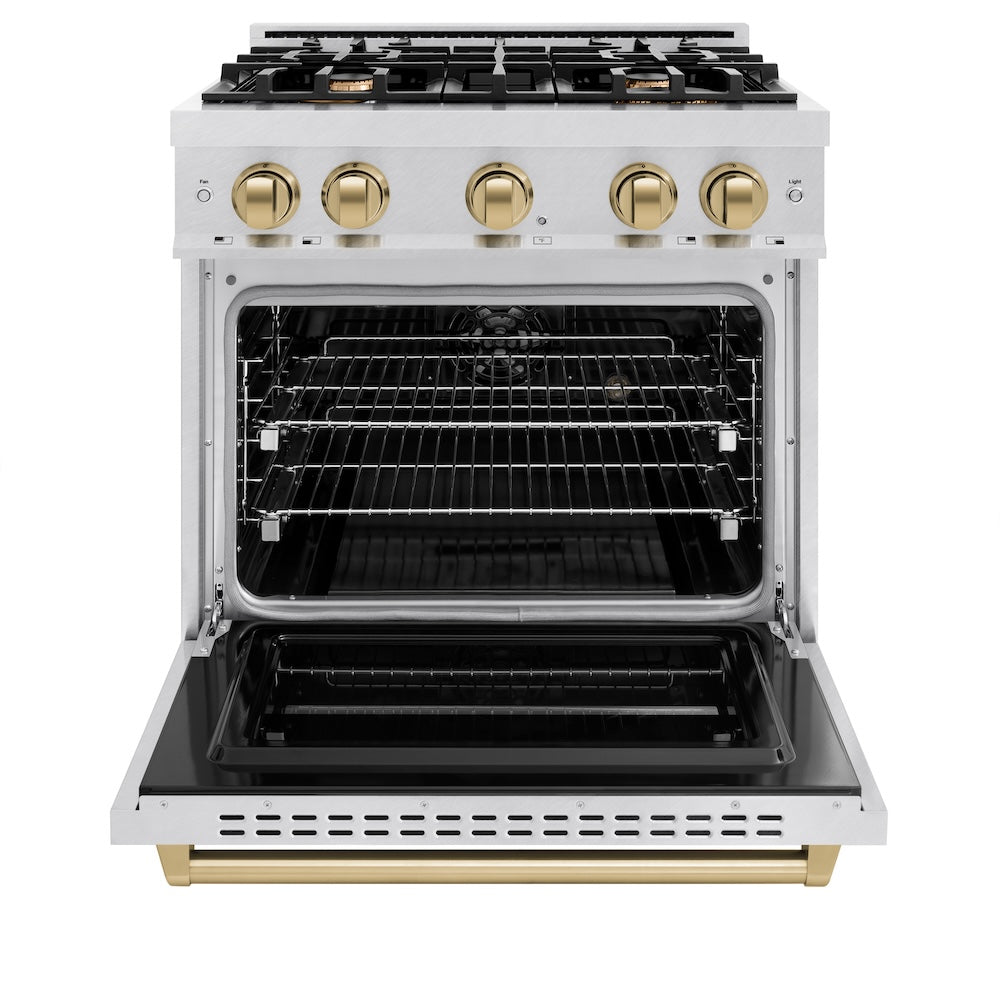 ZLINE Autograph Edition 30 in. 4.2 cu. ft. Classic Dual Fuel Range with 4 Burner Gas Cooktop and Electric Convection Oven in Satin Stainless Steel with Champagne Bronze Accents (CDRSZ-30-CB) front, oven open.