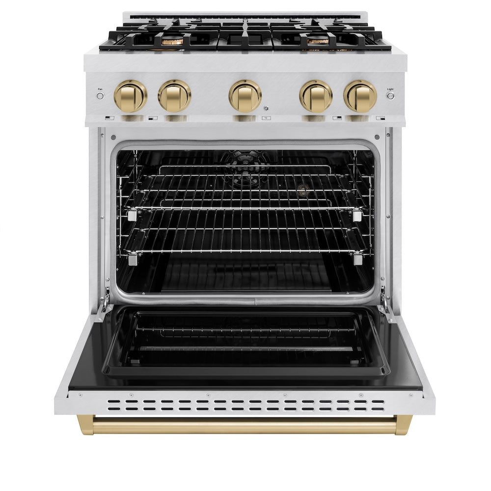 ZLINE Autograph Edition 30 in. 4.2 cu. ft. Classic Dual Fuel Range with 4 Burner Gas Cooktop and Electric Convection Oven in Satin Stainless Steel with Champagne Bronze Accents, Open Box-Good Condition