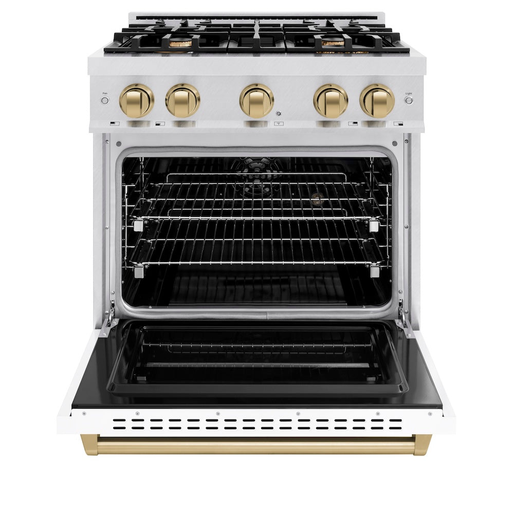 ZLINE Autograph Edition 30 in. 4.2 cu. ft. Classic Dual Fuel Range with 4 Burner Gas Cooktop and Electric Convection Oven in Satin Stainless Steel with White Matte Door and Champagne Bronze Accents, Open Box-Good Condition