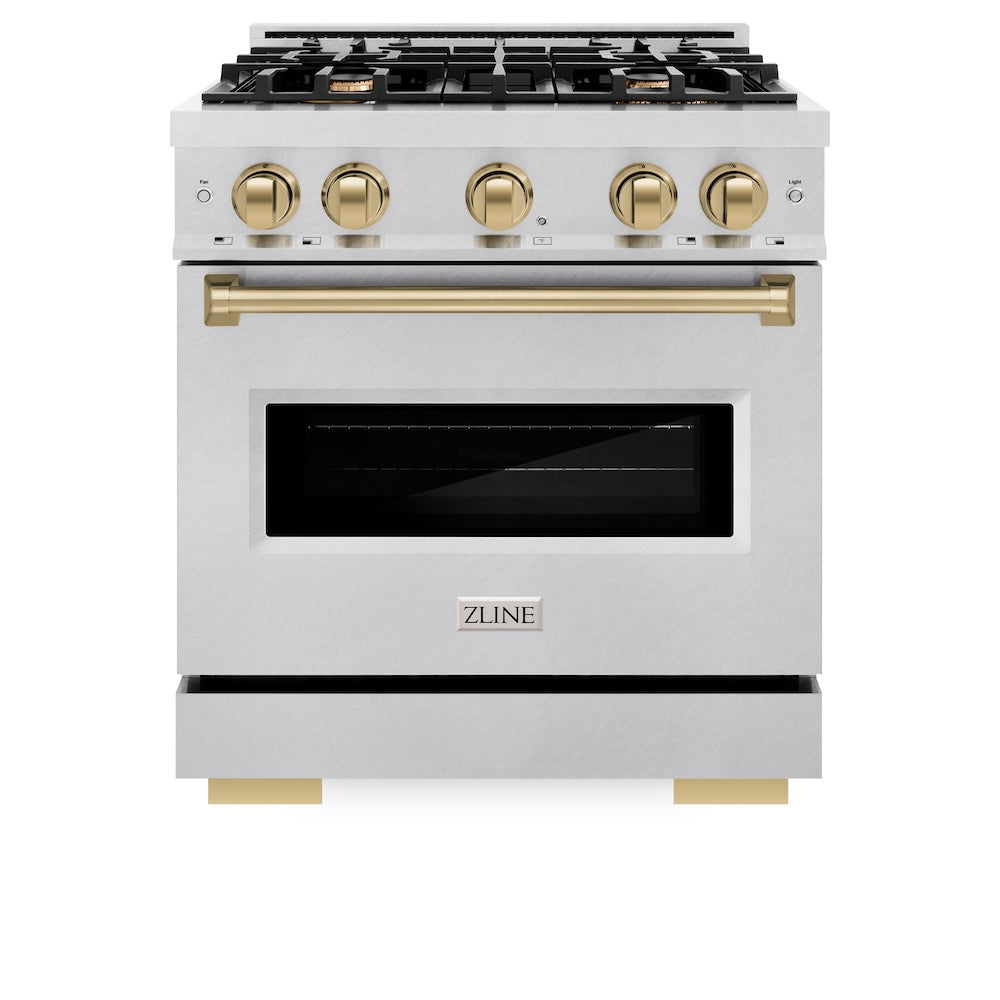 ZLINE Autograph Edition 30 in. 4.2 cu. ft. Classic Dual Fuel Range with 4 Burner Gas Cooktop and Electric Convection Oven in Satin Stainless Steel with Champagne Bronze Accents (CDRSZ-30-CB) front.