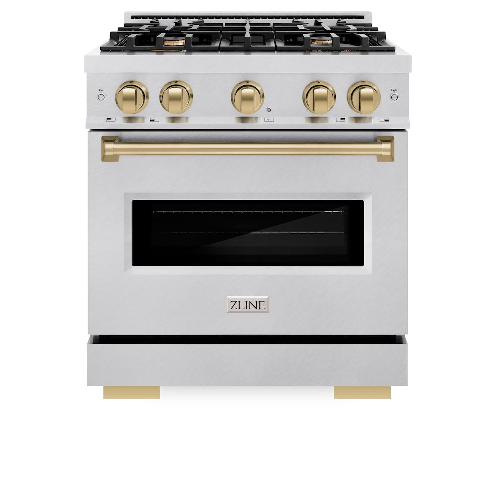 ZLINE Autograph Edition 30 in. 4.2 cu. ft. Classic Dual Fuel Range with 4 Burner Gas Cooktop and Electric Convection Oven in Satin Stainless Steel with Champagne Bronze Accents, Open Box-Good Condition