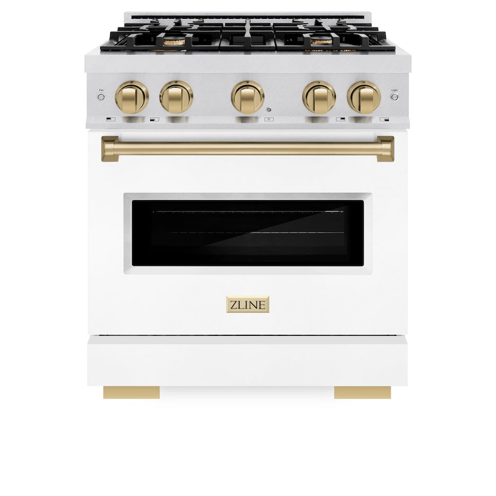 ZLINE Autograph Edition 30 in. 4.2 cu. ft. Classic Dual Fuel Range with 4 Burner Gas Cooktop and Electric Convection Oven in Satin Stainless Steel with White Matte Door and Champagne Bronze Accents, Open Box-Good Condition
