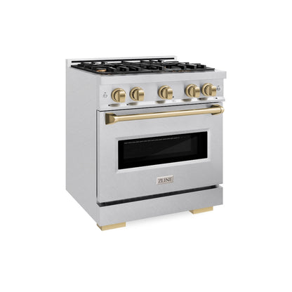 ZLINE Autograph Edition 30 in. 4.2 cu. ft. Classic Dual Fuel Range with 4 Burner Gas Cooktop and Electric Convection Oven in Satin Stainless Steel with Champagne Bronze Accents, Open Box-Good Condition