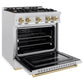 ZLINE Autograph Edition 30 in. 4.2 cu. ft. Classic Dual Fuel Range with 4 Burner Gas Cooktop and Electric Convection Oven in Satin Stainless Steel with Champagne Bronze Accents (CDRSZ-30-CB) side, open.