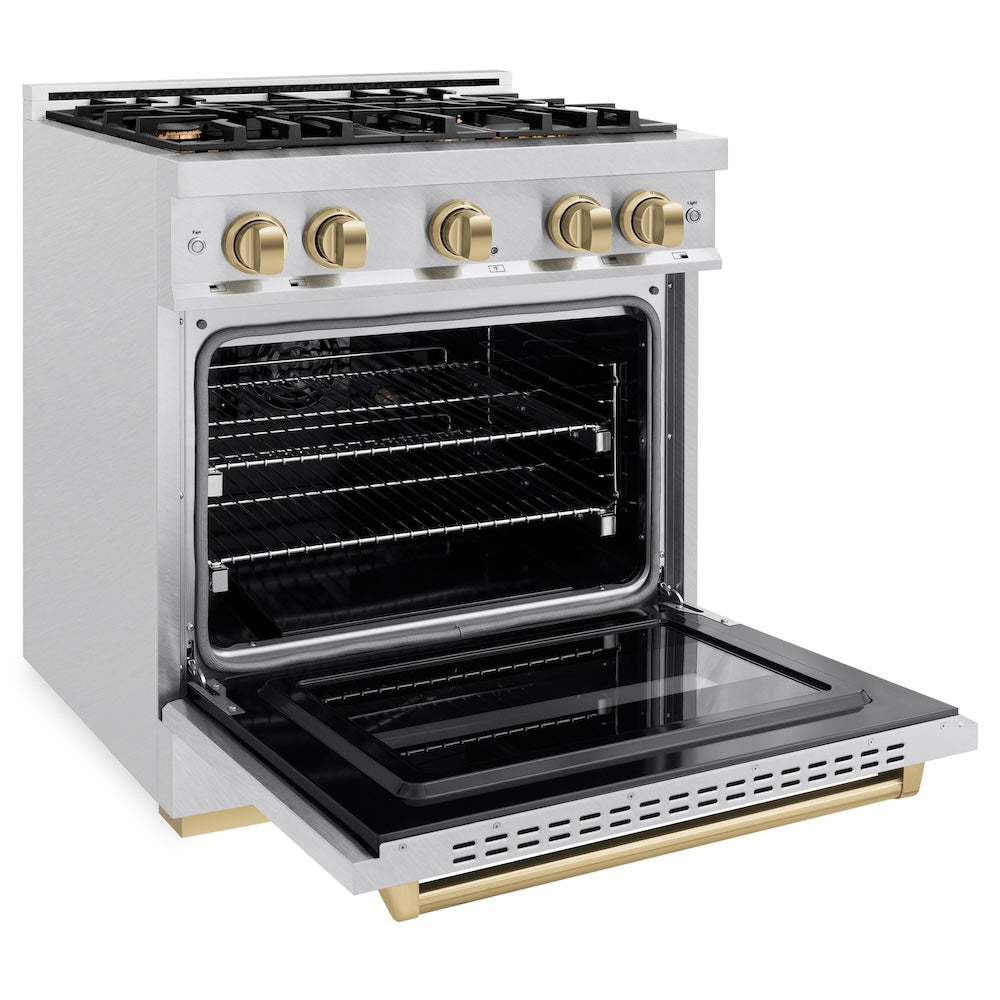 ZLINE Autograph Edition 30 in. 4.2 cu. ft. Classic Dual Fuel Range with 4 Burner Gas Cooktop and Electric Convection Oven in Satin Stainless Steel with Champagne Bronze Accents (CDRSZ-30-CB) side, open.