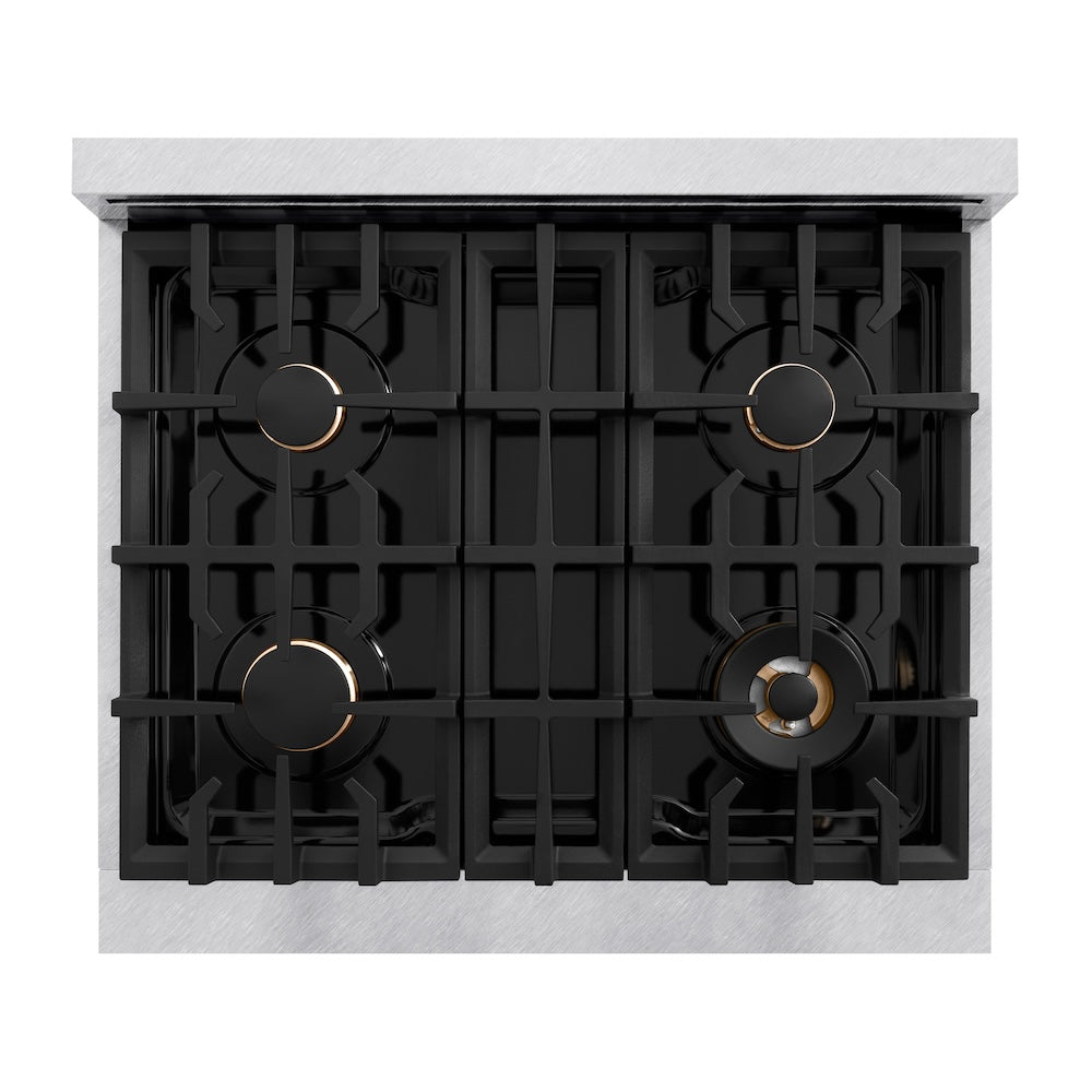 ZLINE Autograph Edition 30 in. 4.2 cu. ft. Classic Dual Fuel Range with 4 Burner Gas Cooktop and Electric Convection Oven in Satin Stainless Steel with White Matte Door and Champagne Bronze Accents (CDRSZ-WM-30-CB) top-down, above cooktop.