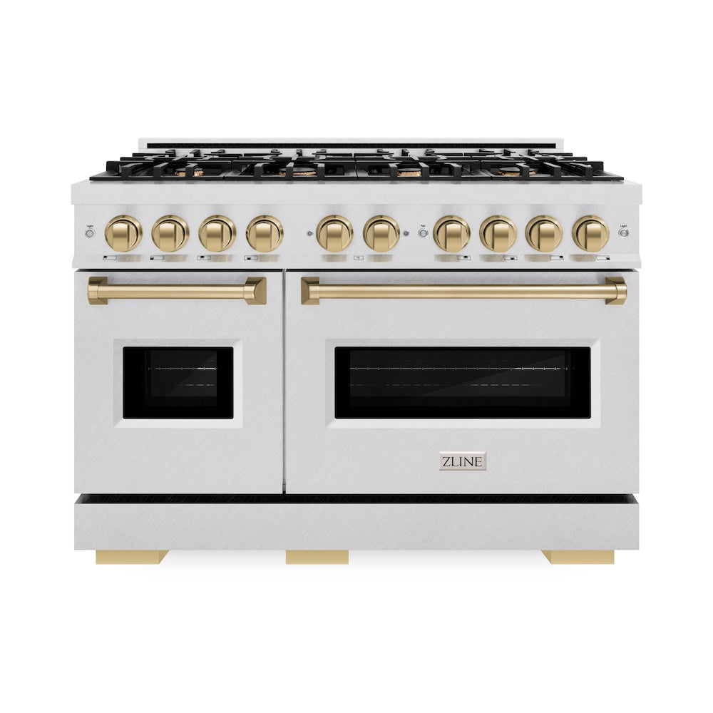 ZLINE Autograph Edition 48 in. 6.7 cu. ft. Classic Double Oven Dual Fuel Range with 8 Burner Gas Cooktop in Satin Stainless Steel and Champagne Bronze Accents, Open Box-Good Condition