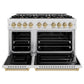 ZLINE Autograph Edition 48 in. 6.7 cu. ft. Classic Double Oven Dual Fuel Range with 8 Burner Gas Cooktop in Satin Stainless Steel and Champagne Bronze Accents (CDRSZ-48-CB) front, oven open.