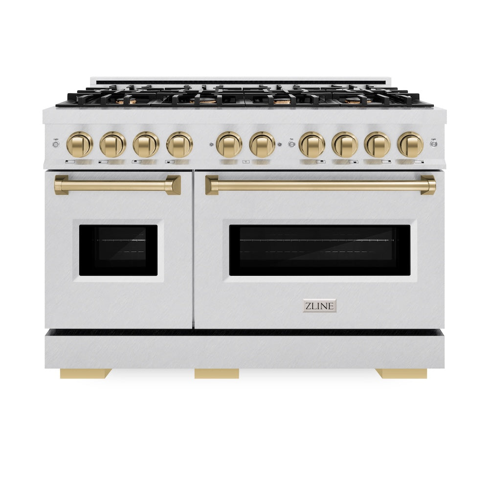 ZLINE Autograph Edition 48 in. 6.7 cu. ft. Classic Double Oven Dual Fuel Range with 8 Burner Gas Cooktop in Satin Stainless Steel and Champagne Bronze Accents, Open Box-Great Condition