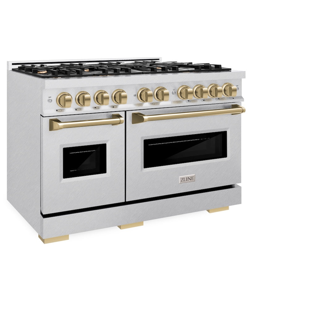 ZLINE Autograph Edition 48 in. 6.7 cu. ft. Classic Double Oven Dual Fuel Range with 8 Burner Gas Cooktop in Satin Stainless Steel and Champagne Bronze Accents, Open Box-Good Condition