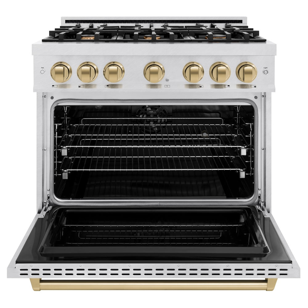 ZLINE Autograph Edition 36 in. 5.2 cu. ft. Classic Dual Fuel Range with 6 Burner Gas Cooktop and Electric Convection Oven in Satin Stainless Steel with Champagne Bronze Accents (CDRSZ-36-CB) front, oven open.