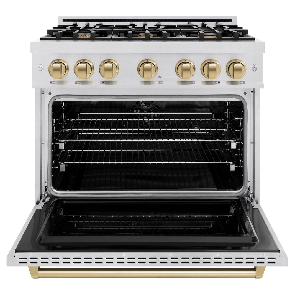 ZLINE Autograph Edition 36 in. 5.2 cu. ft. Classic Dual Fuel Range with 6 Burner Gas Cooktop and Electric Convection Oven in Satin Stainless Steel with Champagne Bronze Accents, Open Box-Good Condition