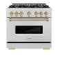 ZLINE Autograph Edition 36 in. 5.2 cu. ft. Classic Dual Fuel Range with 6 Burner Gas Cooktop and Electric Convection Oven in Satin Stainless Steel with Champagne Bronze Accents (CDRSZ-36-CB) front.