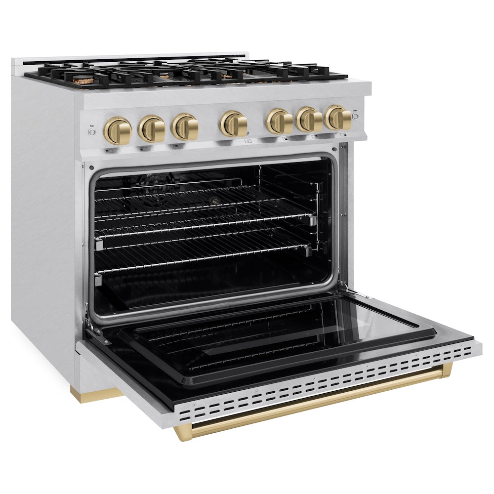 ZLINE Autograph Edition 36 in. 5.2 cu. ft. Classic Dual Fuel Range with 6 Burner Gas Cooktop and Electric Convection Oven in Satin Stainless Steel with Champagne Bronze Accents, Open Box-Good Condition