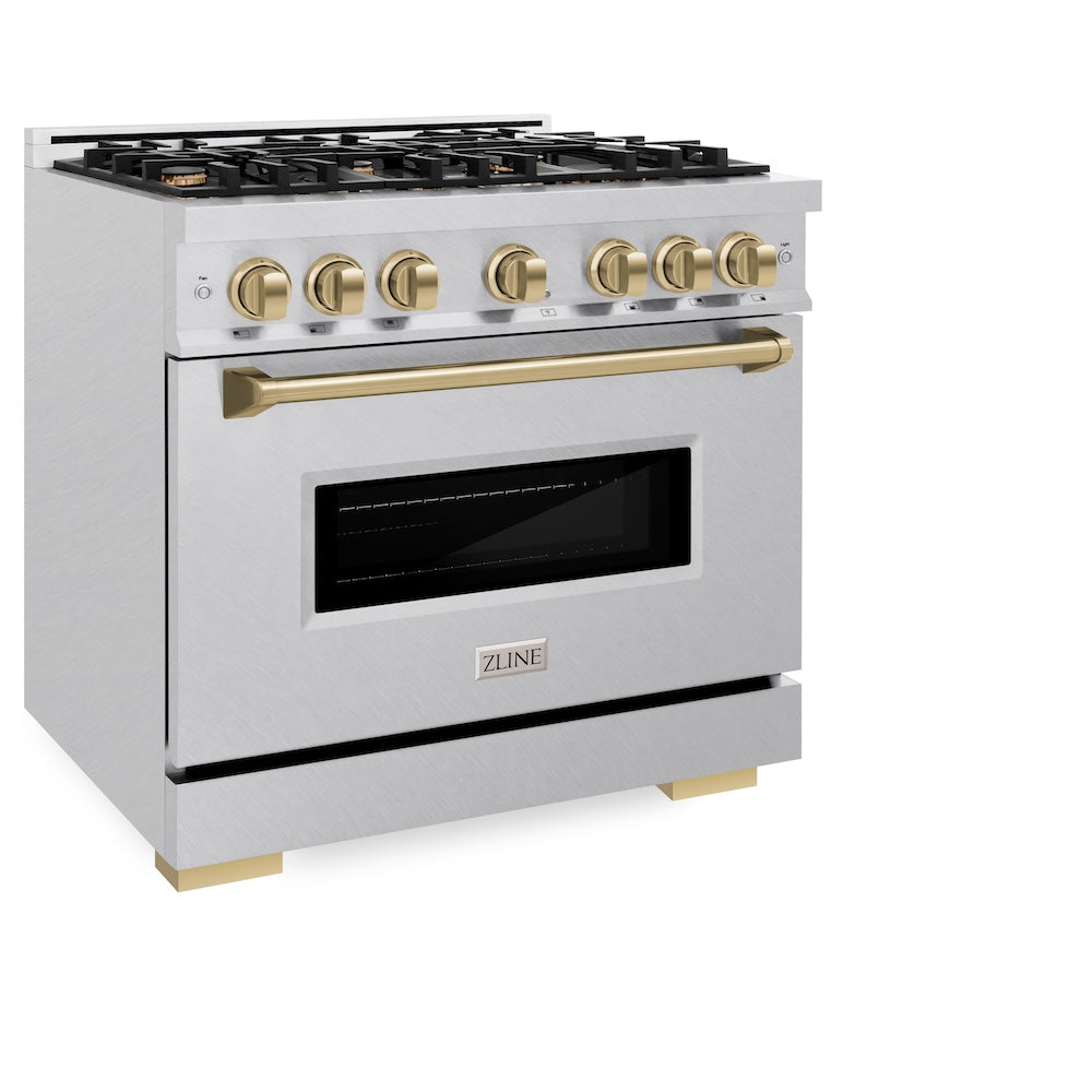 ZLINE Autograph Edition 36 in. 5.2 cu. ft. Classic Dual Fuel Range with 6 Burner Gas Cooktop and Electric Convection Oven in Satin Stainless Steel with Champagne Bronze Accents (CDRSZ-36-CB) side.