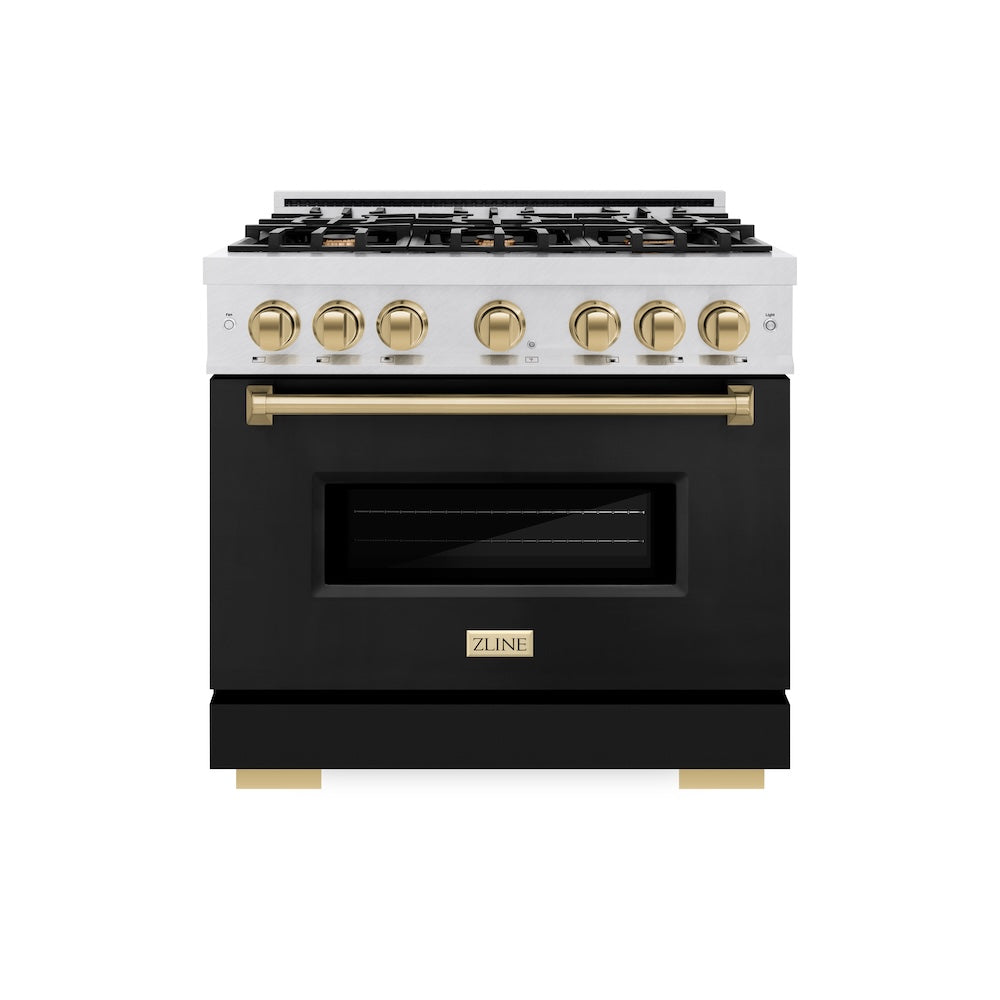 ZLINE Autograph Edition 36 in. 5.2 cu. ft. Classic Dual Fuel Range with 6 Burner Gas Cooktop and Electric Convection Oven in Satin Stainless Steel with Black Matte Door and Champagne Bronze Accents, Open Box-Great Condition