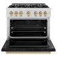 ZLINE Autograph Edition 36 in. 5.2 cu. ft. Classic Dual Fuel Range with 6 Burner Gas Cooktop and Electric Convection Oven in Satin Stainless Steel with Black Matte Door and Champagne Bronze Accents, Open Box-Good Condition