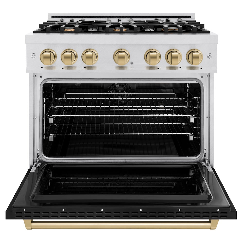 ZLINE Autograph Edition 36 in. 5.2 cu. ft. Classic Dual Fuel Range with 6 Burner Gas Cooktop and Electric Convection Oven in Satin Stainless Steel with Black Matte Door and Champagne Bronze Accents, Open Box-Good Condition