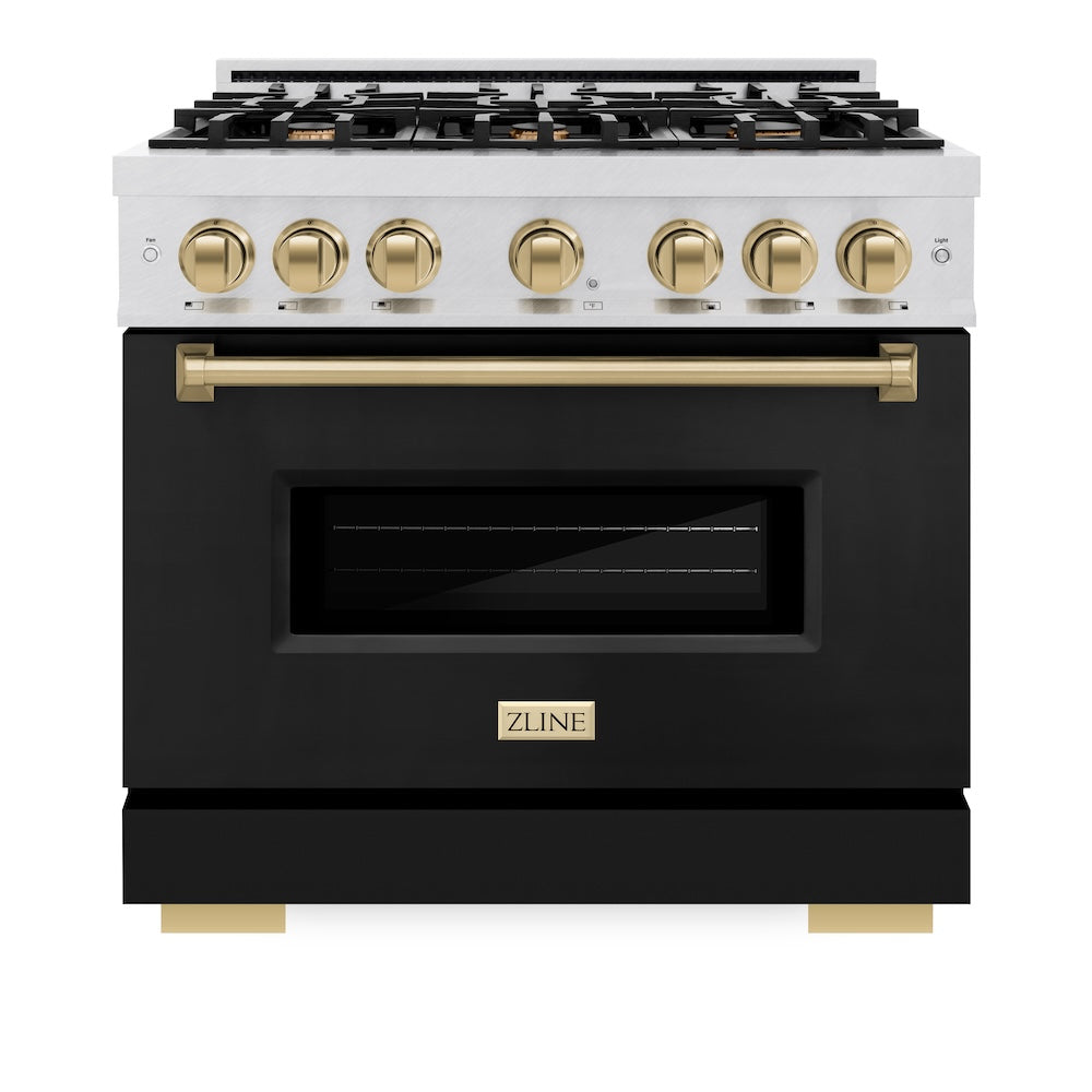 ZLINE Autograph Edition 36 in. 5.2 cu. ft. Classic Dual Fuel Range with 6 Burner Gas Cooktop and Electric Convection Oven in Satin Stainless Steel with Black Matte Door and Champagne Bronze Accents (CDRSZ-BLM-36-CB) front.
