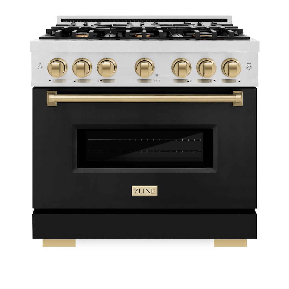 ZLINE Autograph Edition 36 in. 5.2 cu. ft. Classic Dual Fuel Range with 6 Burner Gas Cooktop and Electric Convection Oven in Satin Stainless Steel with Black Matte Door and Champagne Bronze Accents, Open Box-Good Condition