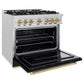 ZLINE Autograph Edition 36 in. 5.2 cu. ft. Classic Dual Fuel Range with 6 Burner Gas Cooktop and Electric Convection Oven in Satin Stainless Steel with Black Matte Door and Champagne Bronze Accents (CDRSZ-BLM-36-CB) side, open.