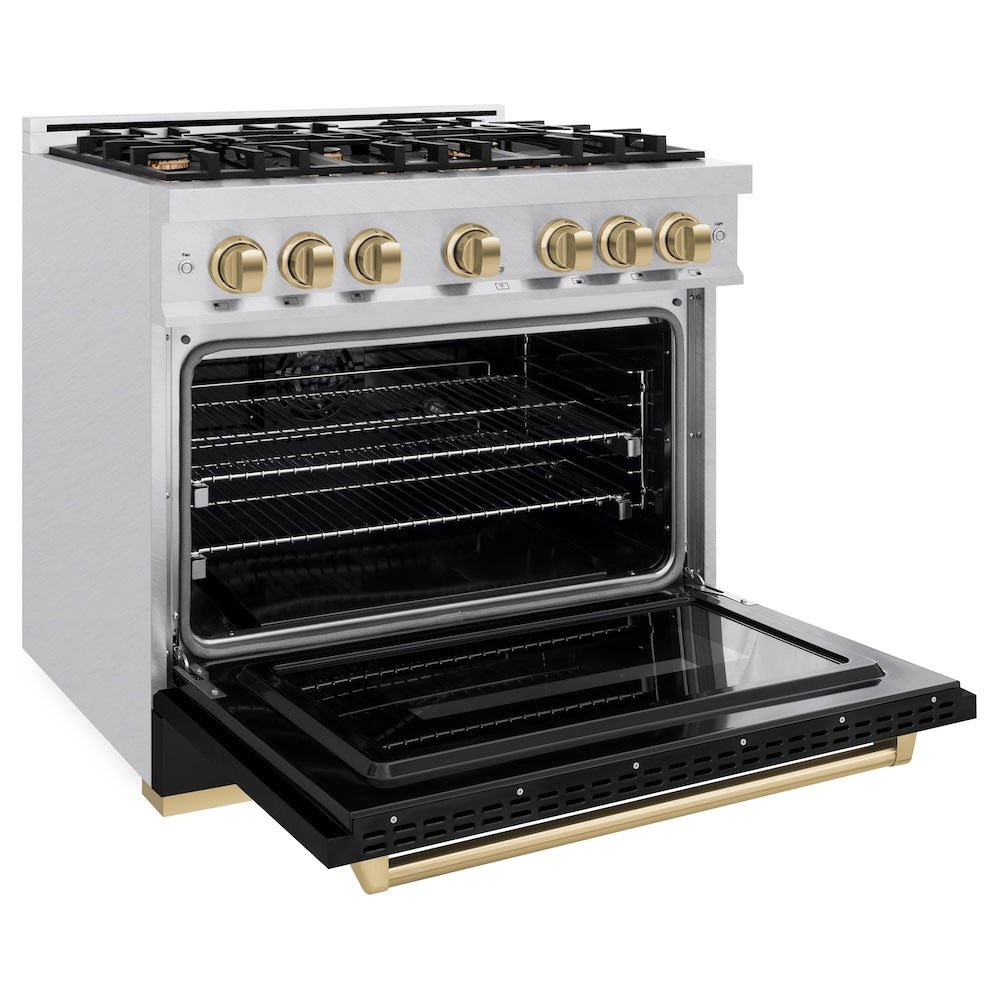 ZLINE Autograph Edition 36 in. 5.2 cu. ft. Classic Dual Fuel Range with 6 Burner Gas Cooktop and Electric Convection Oven in Satin Stainless Steel with Black Matte Door and Champagne Bronze Accents (CDRSZ-BLM-36-CB) side, open.