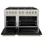 ZLINE Autograph Edition 48 in. 6.7 cu. ft. Classic Double Oven Dual Fuel Range with 8 Burner Gas Cooktop in Satin Stainless Steel with Black Matte Doors and Champagne Bronze Accents (CDRSZ-BLM-48-CB) front, oven open.