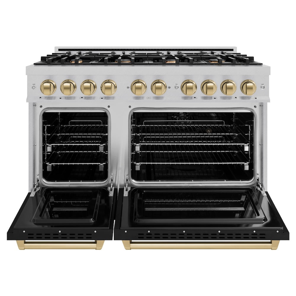 ZLINE Autograph Edition 48 in. 6.7 cu. ft. Classic Double Oven Dual Fuel Range with 8 Burner Gas Cooktop in Satin Stainless Steel with Black Matte Doors and Champagne Bronze Accents (CDRSZ-BLM-48-CB) front, oven open.